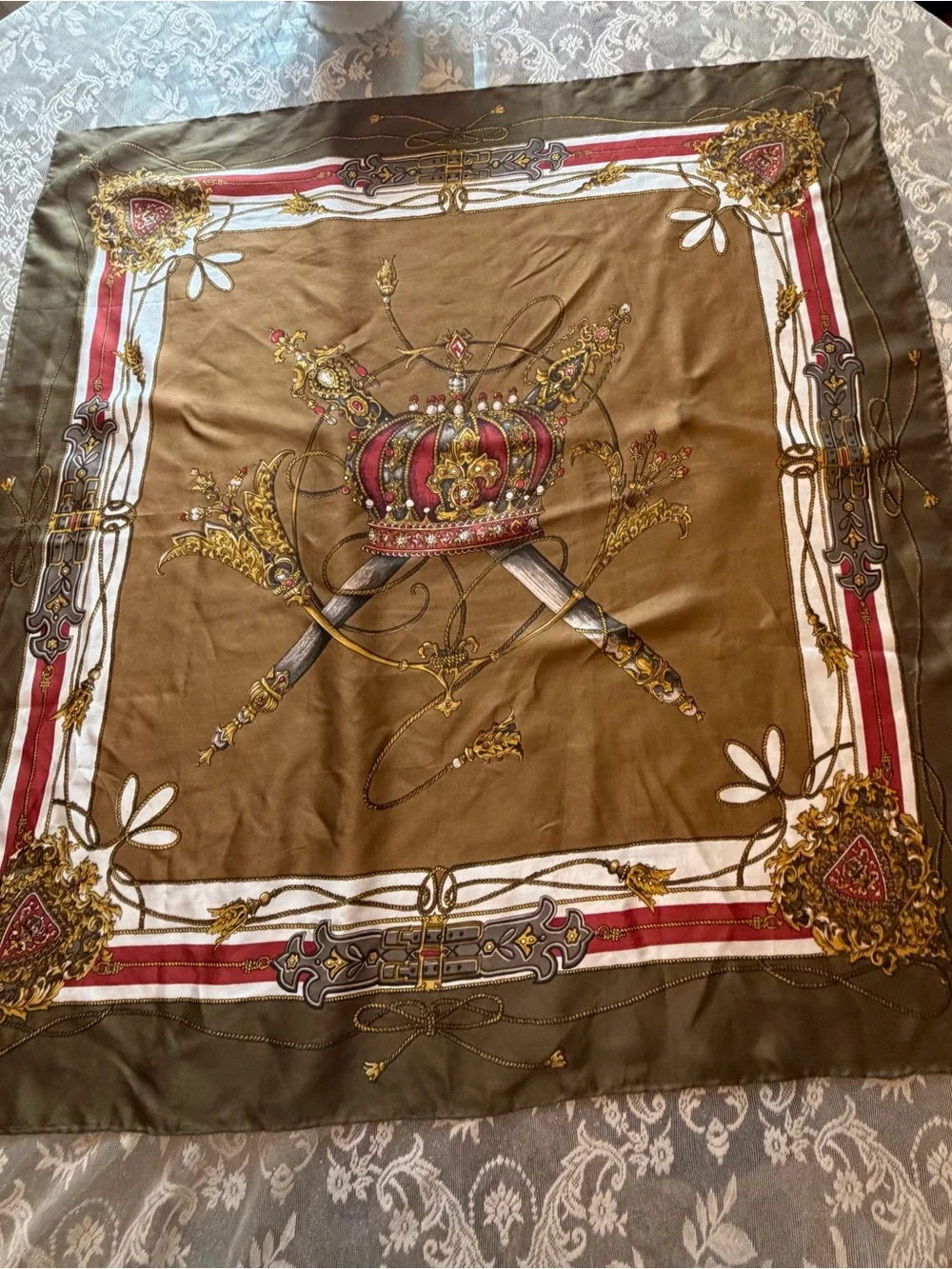 Vintage Olive Crown & Swords Decorative Silk Scarf